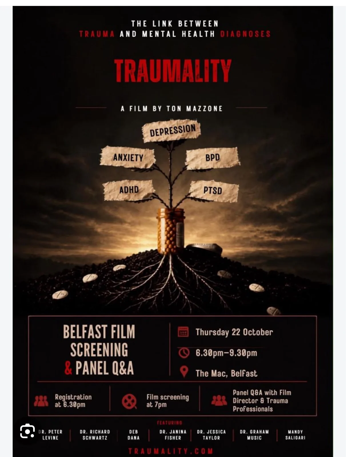 Traumality Belfast film screening and panel Q&A poster: Thursday 22 October 2026, 6.30pm–9.30pm at The MAC, Belfast; registration at 6.30pm, film at 7pm, followed by a panel Q&A with the film director and trauma professionals.